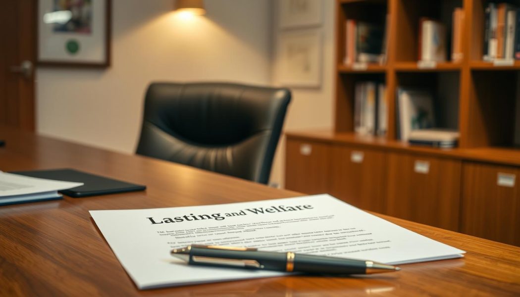 A-modern-well-lit-office-setting-with-a-wooden-desk-and-bookshelf-in-the-background.-On-the